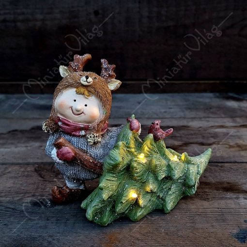 Karácsonyi dísz - Kislány fenyőfával Ledes